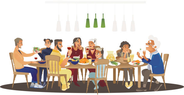 食べ物とテーブルの周りの大きな家族の夕食、多くの人々が食事を食べ、一緒に話す - parent thanksgiving eating food点のイラスト素材／クリップアート素材／マンガ素材／アイコン素材