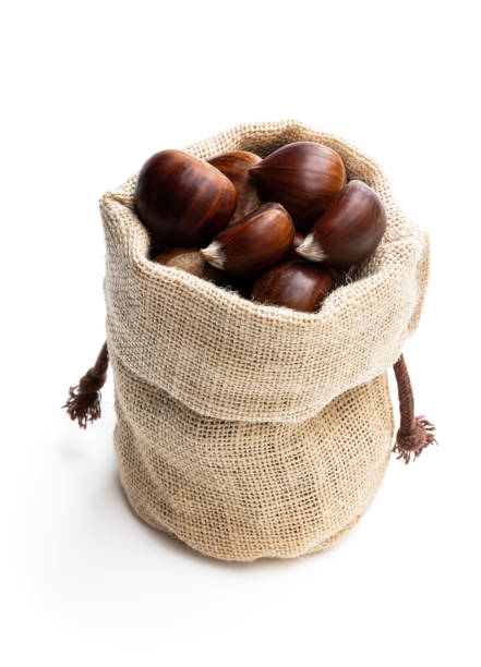 istock Fresh chestnut in burlap bag isolated on white 1186759645