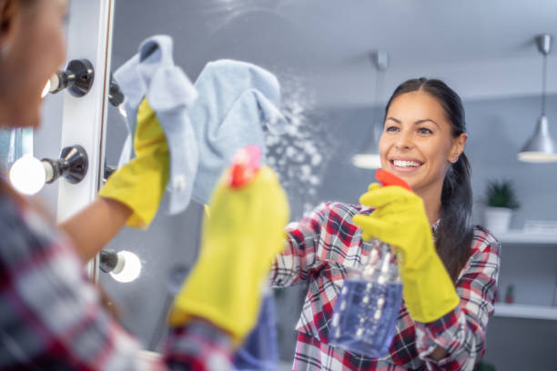 istock Smiling housewife is cleaning mirror. 1186759694