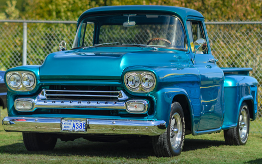 Waterville, Nova Scotia, Canada - September 14, 2019 : 1958 Chevy pickup at  Rick Rood's 2019 Car Show in Annapolis Valley.