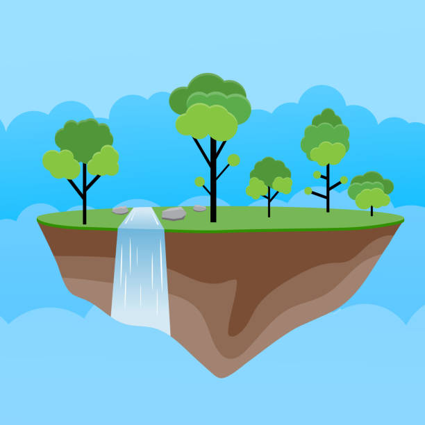 Flat fantasy flying island concept Flat fantasy flying island concept with waterfall trees and stones on blue cloudscape background. Vector illustration fantasy island waterfall stock illustrations