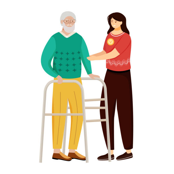 Elderly nursing flat vector illustration. Happy retiree and nurse isolated cartoon characters on white background. Young woman taking care of aged man. Family support, volunteer work design element Elderly nursing flat vector illustration. Happy retiree and nurse isolated cartoon characters on white background. Young woman taking care of aged man. Family support, volunteer work design element community outreach illustrations stock illustrations