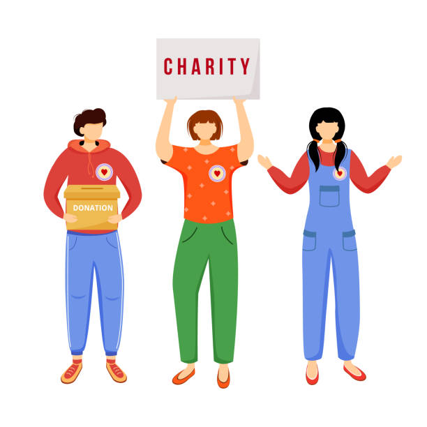istock Volunteers collecting donations flat vector illustration. Slefless social activists isolated cartoon characters on white background. Public charity, fundraising campaign decorative design element 1186769881