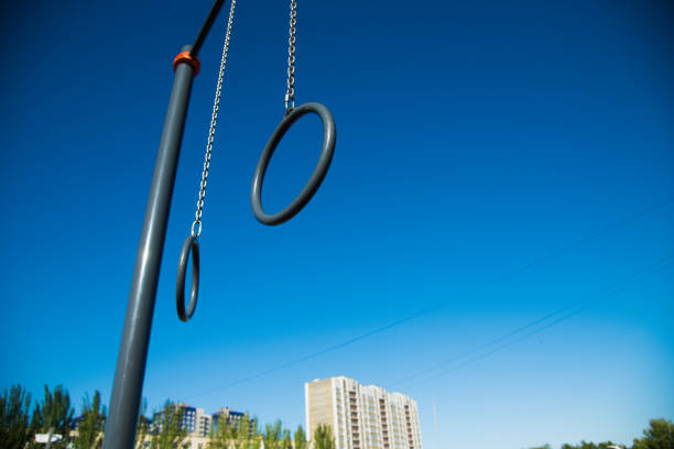Outdoor gym for street workout. Modern outdoor gym in the residential area. Sports ground.