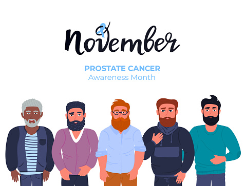 Blue November . A group of bearded men of different nationalities with a mustache . Prostate cancer awareness month. Men s health concept. Ribbon. Trend flat characters. Hand drawn lettering