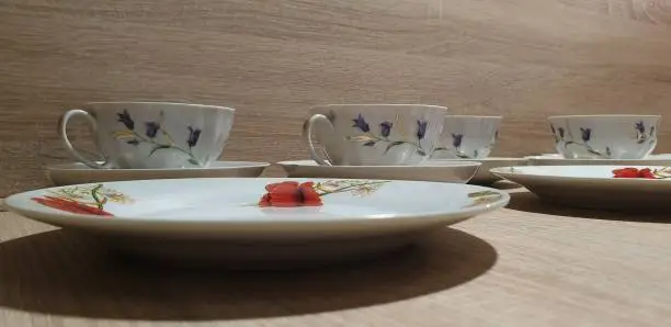 Tea-set. Porcelain tableware set. Plates and cups.