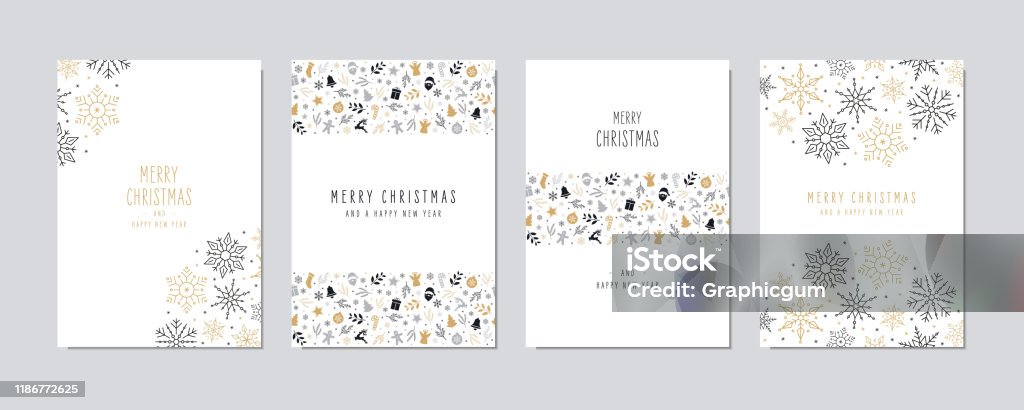 Kerstkaart instellen. Merry Christmas pictogram groet tekst belettering kaart set witte achtergrond vector. - Royalty-free Kerstmis vectorkunst