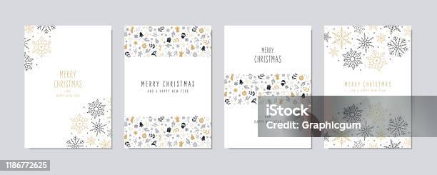 Kerstkaart Instellen Merry Christmas Pictogram Groet Tekst Belettering Kaart Set Witte Achtergrond Vector Stockvectorkunst en meer beelden van Kerstmis