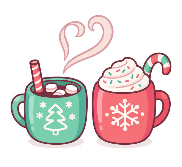 ilustrações de stock, clip art, desenhos animados e ícones de two christmas drink cups - symbol snowflake doodle heart shape