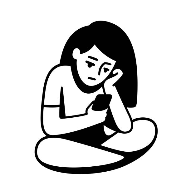 Bored girl scrolling phone Bored girl resting head on hand and scrolling phone. Black and white simple drawing of sitting teenage girl. Stylized minimal vector illustration. bored teen stock illustrations