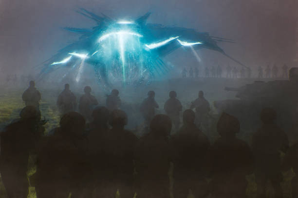 Arrival of alien star ship Arrival of alien star ship. This is entirely 3D generated image with small paint over in PS. military invasion stock pictures, royalty-free photos & images