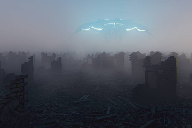 Alien star ship flying over destroyed city