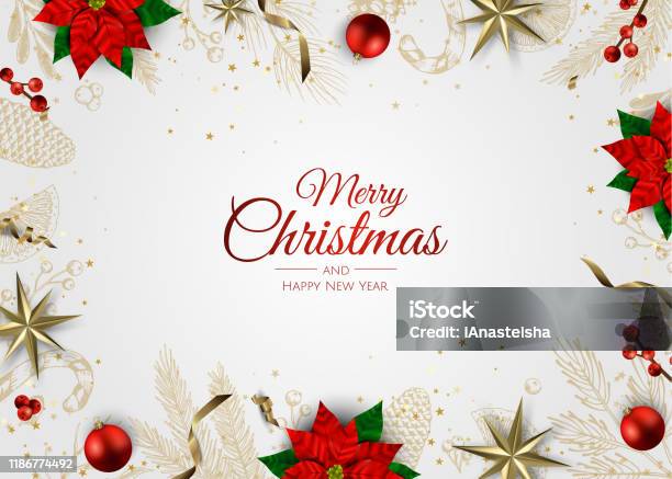 Buon Natale E Felice Anno Nuovo Sfondo Natale Con Scatola Regalo Fiocchi Di Neve E Design Delle Palle - Immagini vettoriali stock e altre immagini di Natale