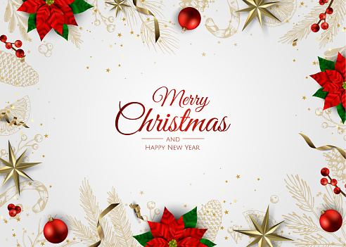 Merry Christmas and Happy New Year. Xmas background with Shining gold Snowflakes. Greeting card, holiday banner, web poster