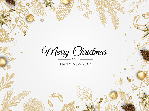Christmas vector background. Xmas sale, holiday web banner. Design christmas decorations with christmas balls, ribbon, star, snowflake.