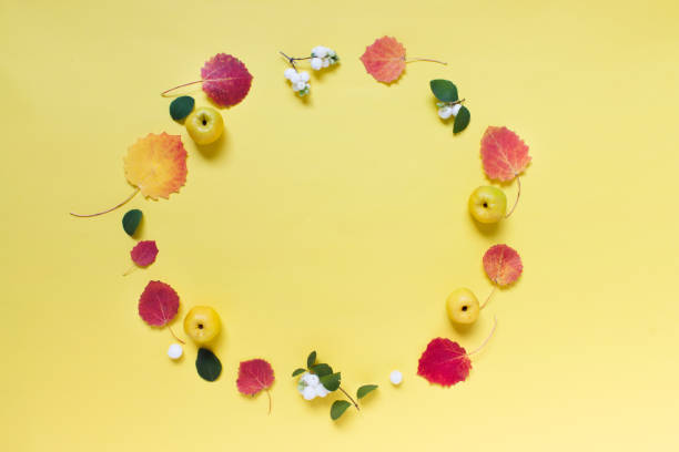 istock Round circular wreath made of forest wild elements on yellow background 1186776883