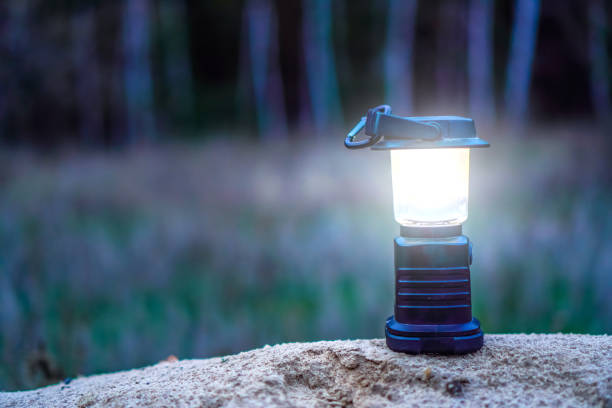 森の土地に立っているポータブル懐中電灯。スペースをコピーします。 - led lamp ストックフォトと画像