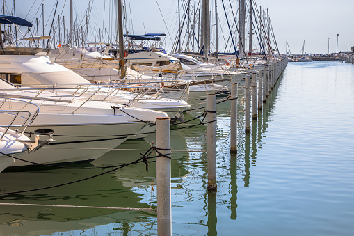 Marina with yachts in city of La Grande Motte on Cote D'Azur, Languedoc region, Southern France