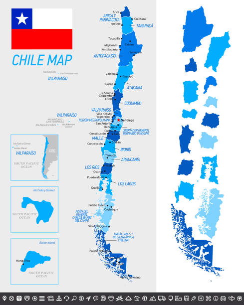 chile karte mit nationalflagge, getrennten provinzen und navigationssymbolen - chile stock-grafiken, -clipart, -cartoons und -symbole