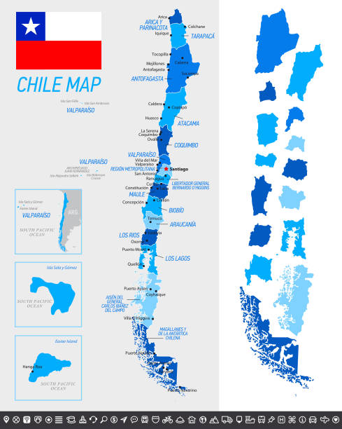 ilustraciones, imágenes clip art, dibujos animados e iconos de stock de mapa de chile con bandera nacional, provincias separadas e iconos de navegación - argentina map chile cartography