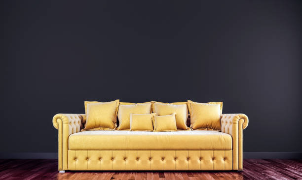 istock Black mock up wall with gold tufted sofa in modern interior background, living room, Scandinavian style, 3D render, 3D illustration 1186782611