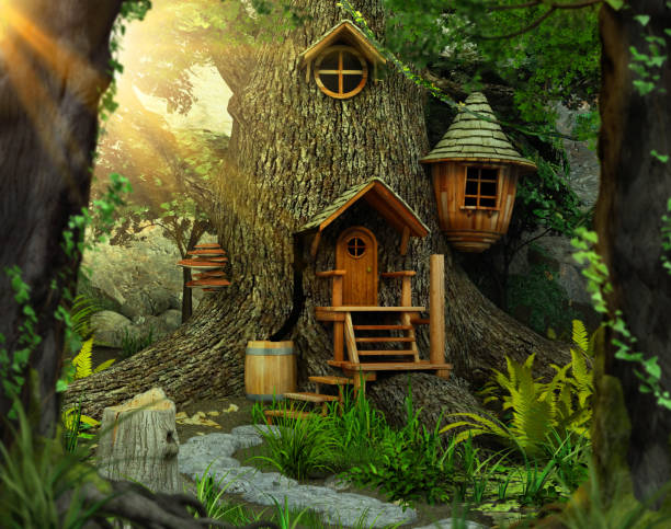 enchanting fairy tree home inside an old white oak - fairy forest fairy tale mist imagens e fotografias de stock