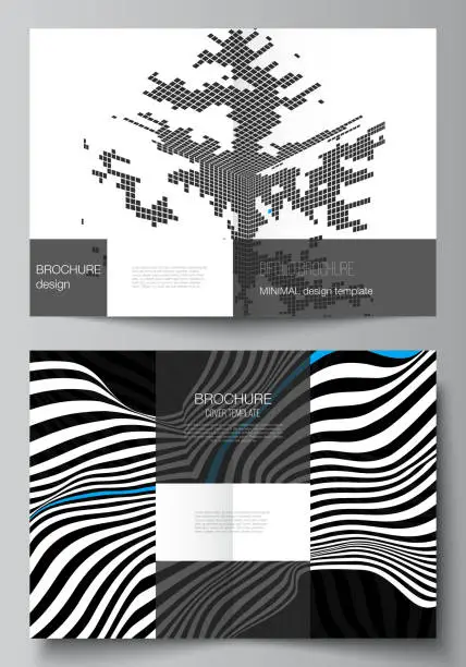 Vector illustration of The vector layout of two A4 format modern cover mockups design templates for bifold brochure, magazine, flyer, booklet, report. Abstract big data visualization concept backgrounds with lines and cubes