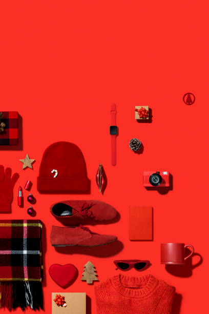 istock Christmas flat lay on red background 1186789530