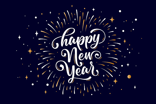 Happy New Year. Lettering text for Happy New Year or Merry Christmas. Greeting card, poster, banner with text happy new year. Holiday background with golden graphic fireworks. Vector Illustration