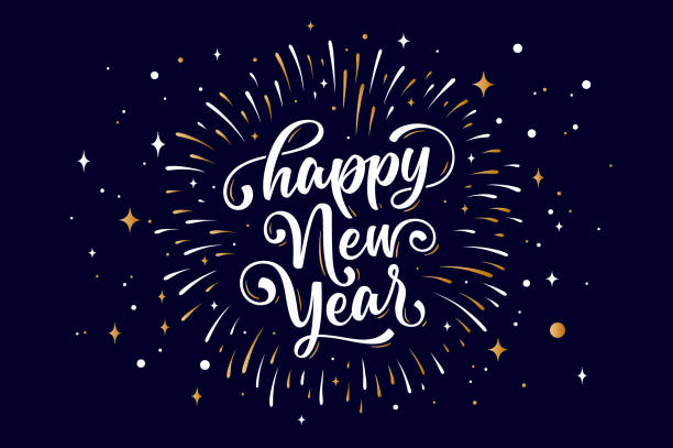 Happy New Year. Lettering text for Happy New Year Happy New Year. Lettering text for Happy New Year or Merry Christmas. Greeting card, poster, banner with text happy new year. Holiday background with golden graphic fireworks. Vector Illustration 2019 stock illustrations