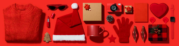 istock Christmas shopping flat lay on red background 1186794988