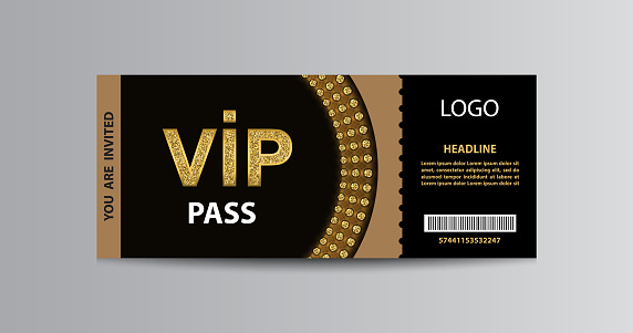 Black VIP admission ticket template with golden glittering VIP sign.