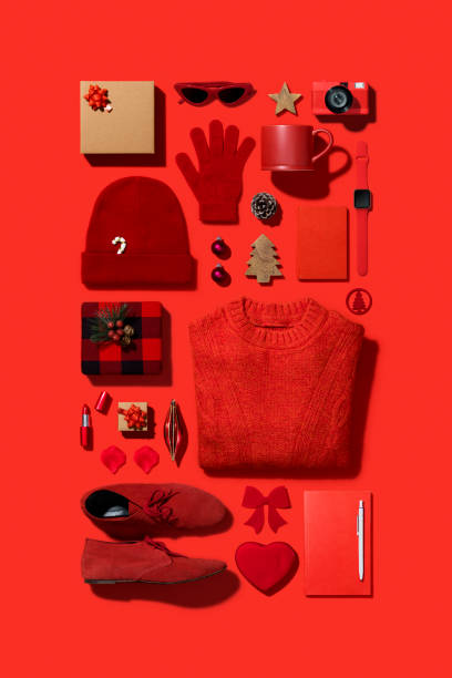 istock Christmas flat lay on red background 1186796946