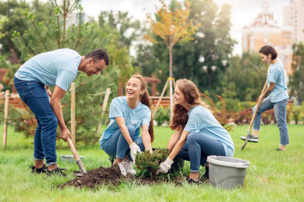 istock Volunteering. Young people volunteers outdoors planting trees digging ground talking cheerful 1186803845