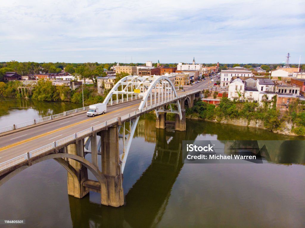 Selma, Alabama - Edmund Pettus Bridge A drone view of the Edmund Pettus Bridge, in Selma, Alabama, which was the scene of violent clashes between civil rights marchers and local officials in 1965. Alabama - US State Stock Photo