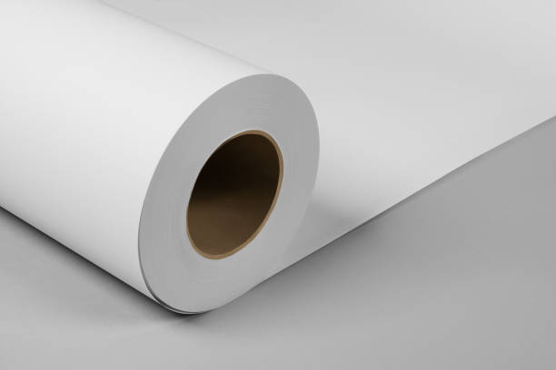 o papel branco em branco rola a maquete isolada no fundo cinzento - paper rolls - fotografias e filmes do acervo