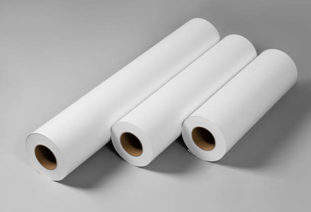 istock Blank white paper rolls mockup isolated on gray background 1186808820