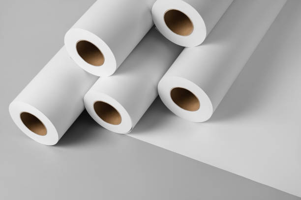 istock Blank white paper rolls mockup isolated on gray background 1186808824