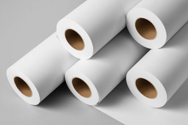 istock Blank white paper rolls mockup isolated on gray background 1186808836