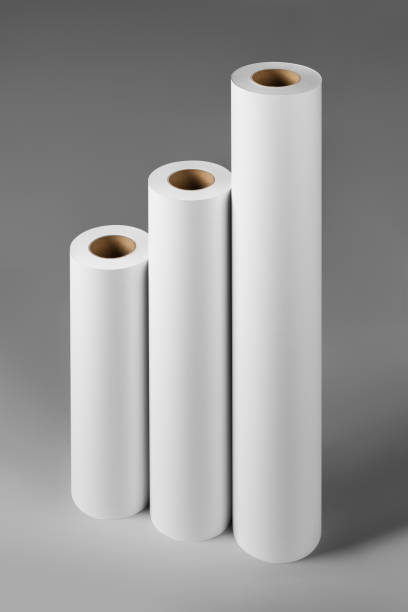 istock Blank white paper rolls mockup isolated on gray background 1186808851