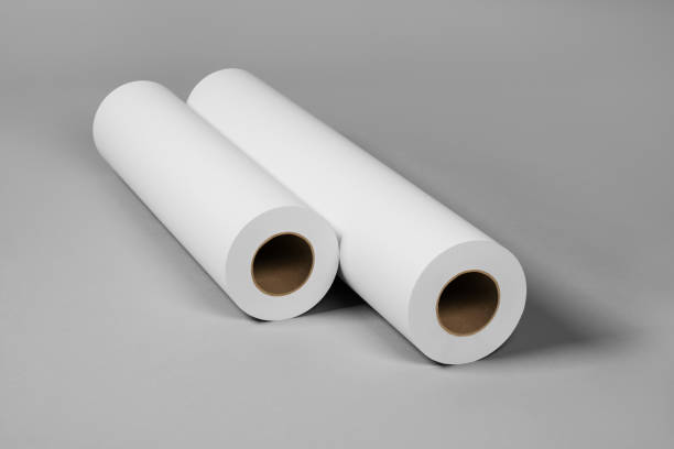 istock Blank white paper rolls mockup isolated on gray background 1186808860