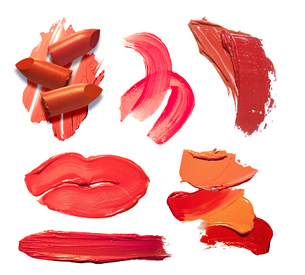 Lipstick red burgundy pink yellow brown mustard caramel orange maroon claret multi-colored textured swatch on isolated white background