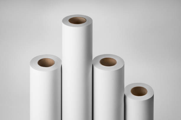 istock Blank white paper rolls mockup isolated on gray background 1186808875