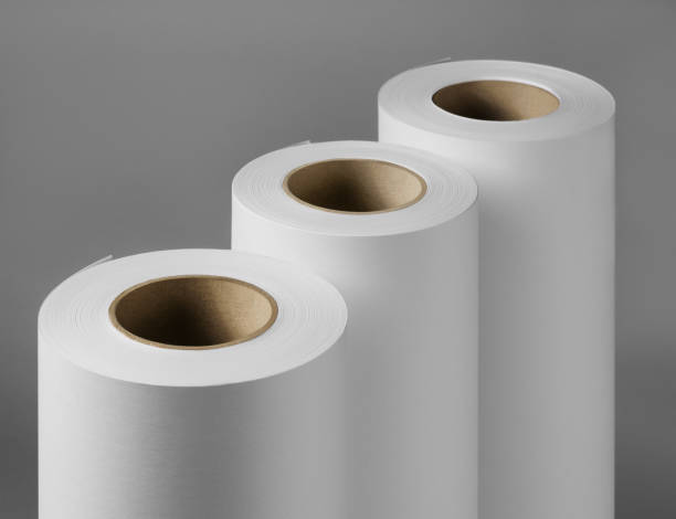 istock Blank white paper rolls mockup isolated on gray background 1186808885