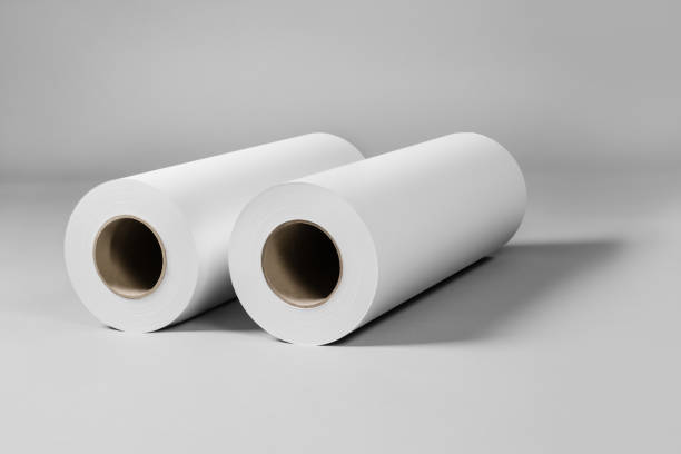 istock Blank white paper rolls mockup isolated on gray background 1186808906