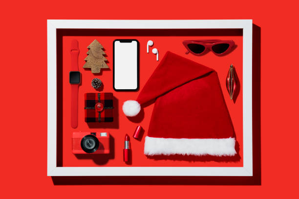 istock Christmas flat lay on red background 1186810262