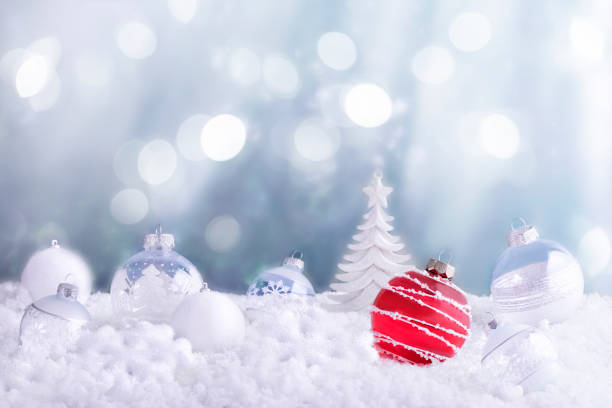 istock Red Christmas Ball, White Baubles and Christmas Tree On Snow. 1186811497