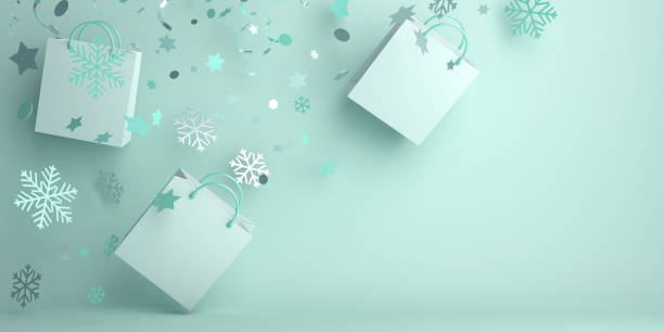 Winter abstract design creative concept, flying shopping bag, snow icon confetti glitter scattering on green mint background.