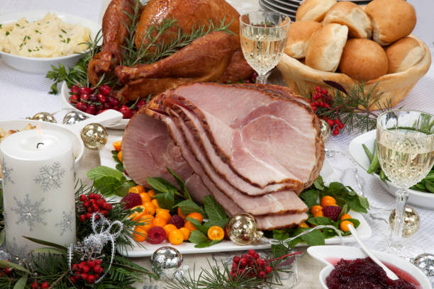 Christmas Roasted Ham and Smoked Turkey stock photo