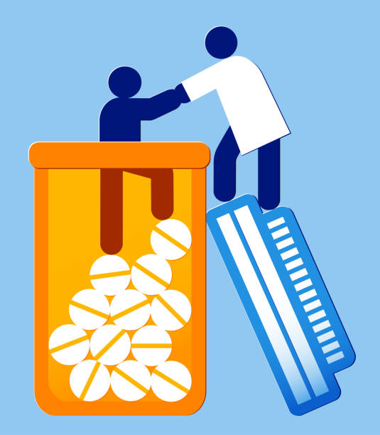person being helped from a pill bottle by a healthcare provider - addiction treatment concept vector icon illustration of a person being helped out of a bottle by a healcare worker health crisis stock illustrations